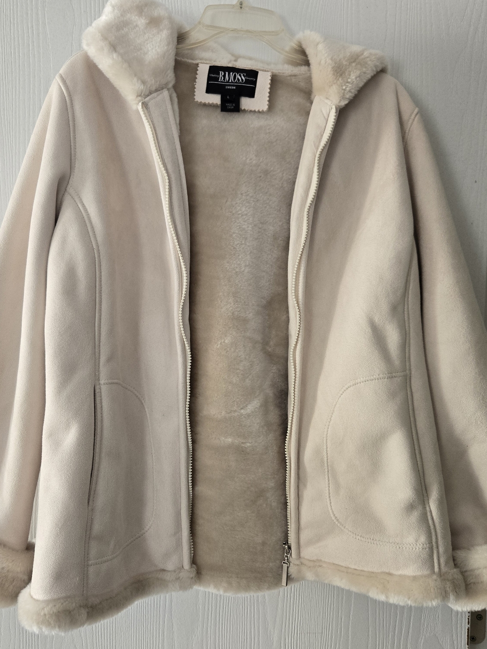 B. Moss Cream Faux Suede Plush Hooded Jacket